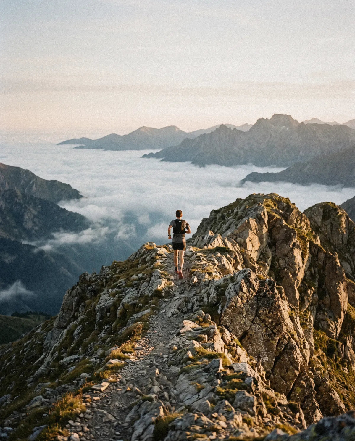 Corredor por una cresta al amanecer, sobre un mar de nubes