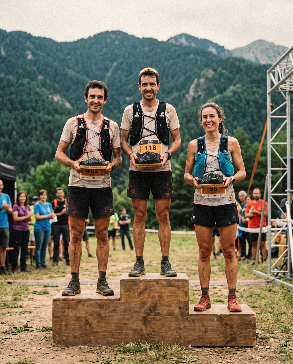 Podio de una carrera de montaña con los trofeos R3LLEU