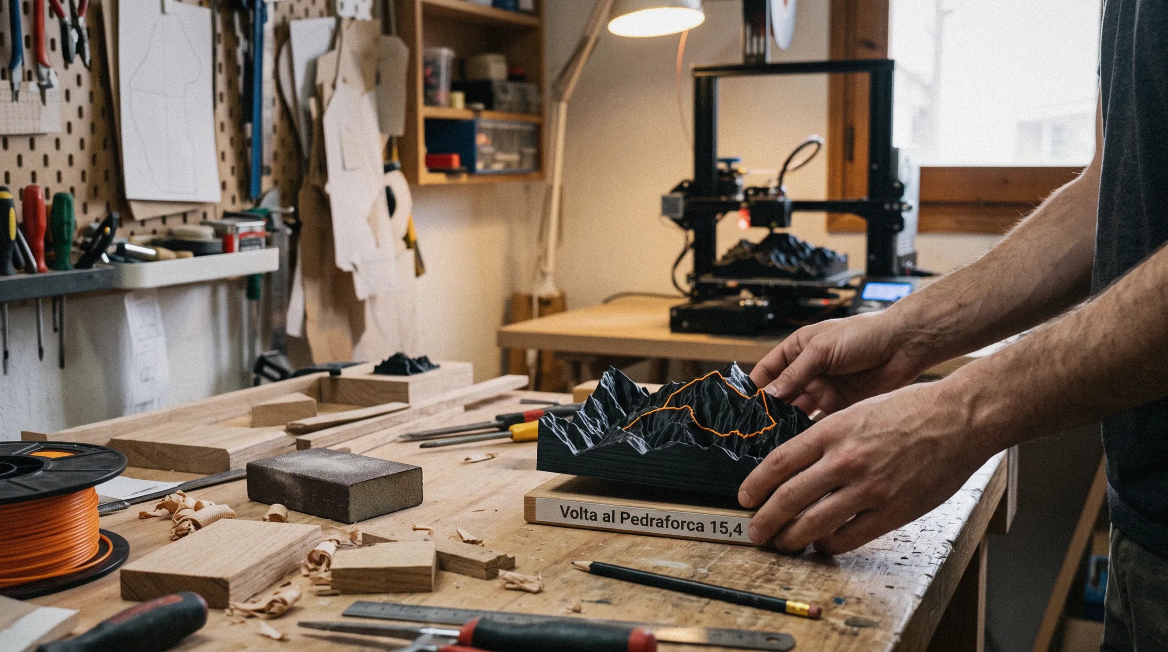 Manos montando un relleu sobre su base de madera en el taller